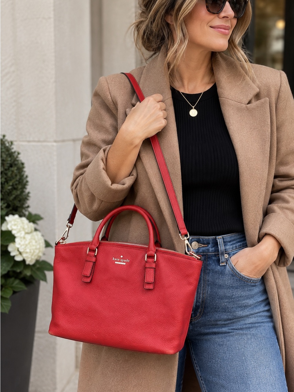 Kate Spade New York Red Pebbled Leather Satchel Tote Crossbody Bag Gold Hardware